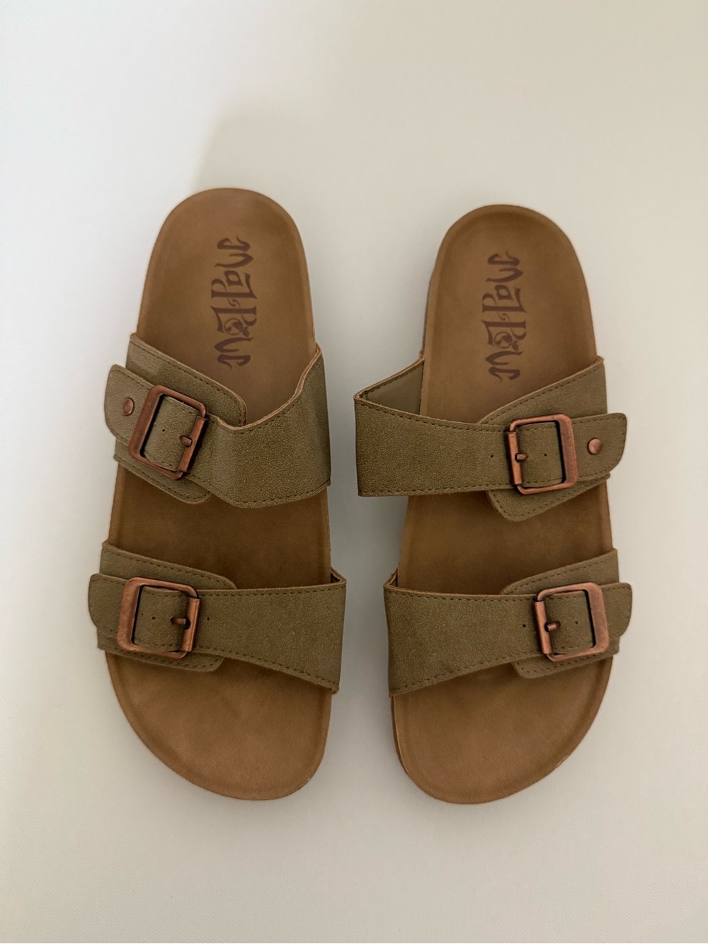 Target Olive Green Double Buckle Slides with Copper Buckles
